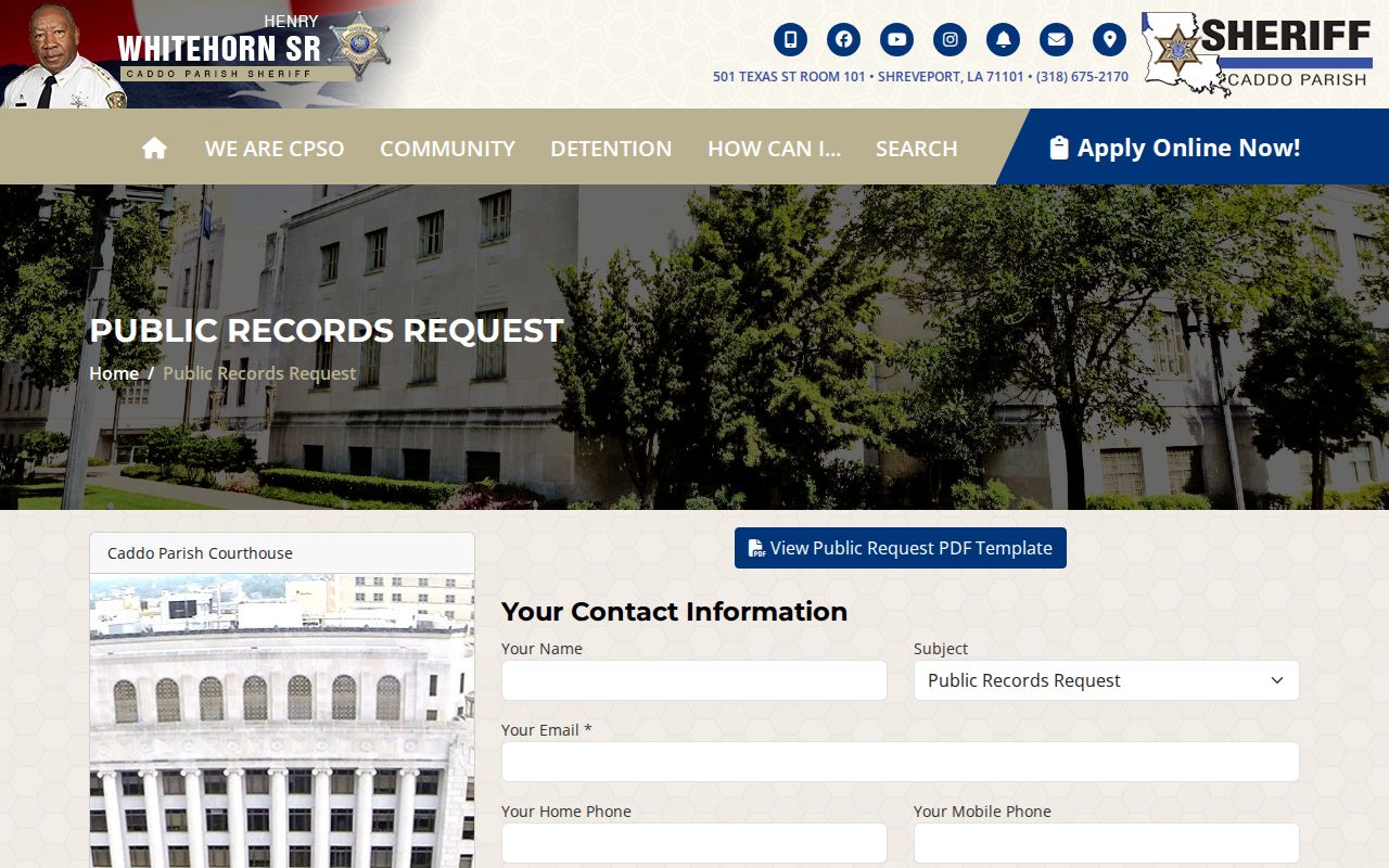 Caddo Parish Sheriff's Office online public-records request form for Caddo warrant record questions