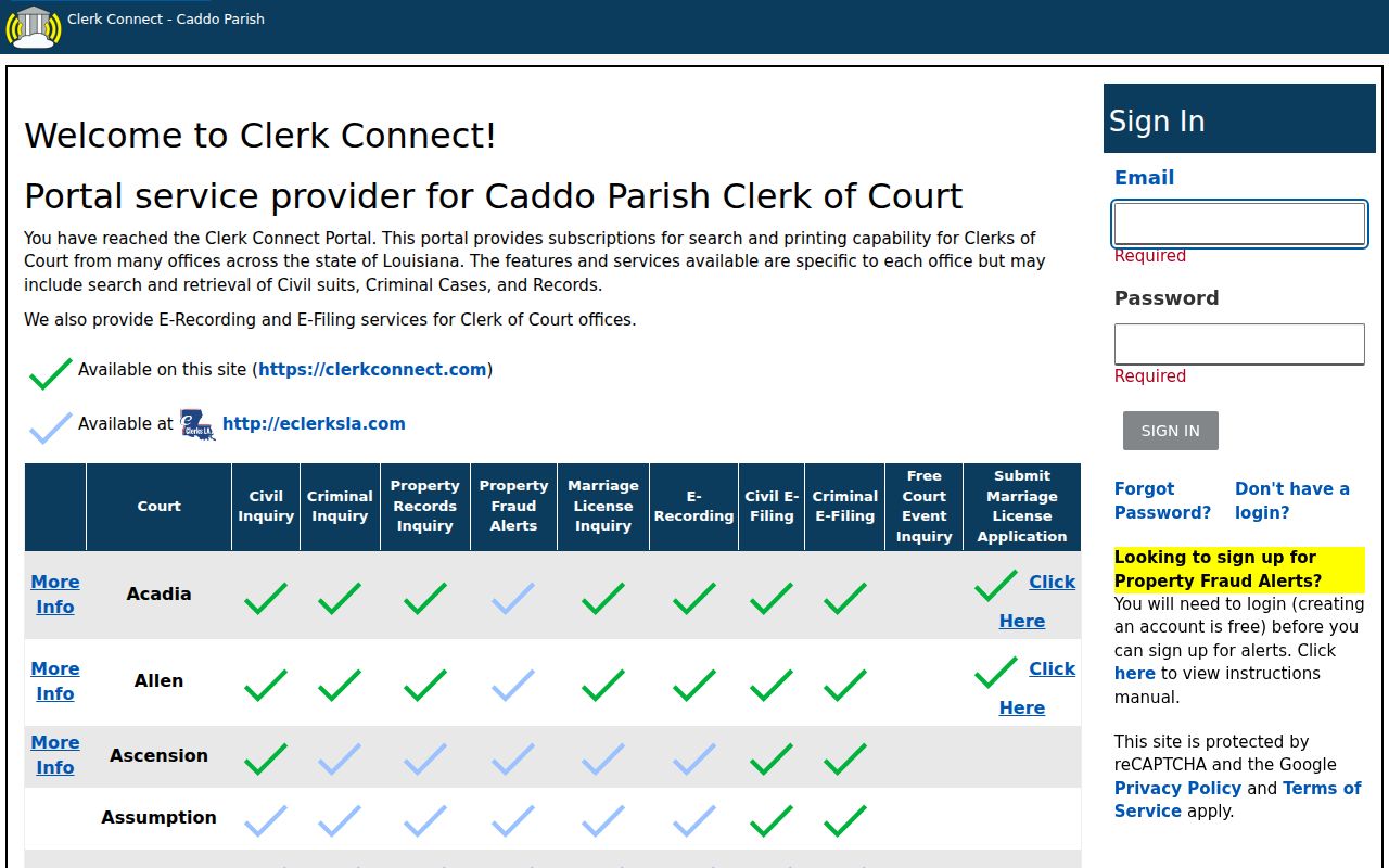 Caddo Parish Clerk Connect sign-in page for paid Caddo criminal index and warrant searches