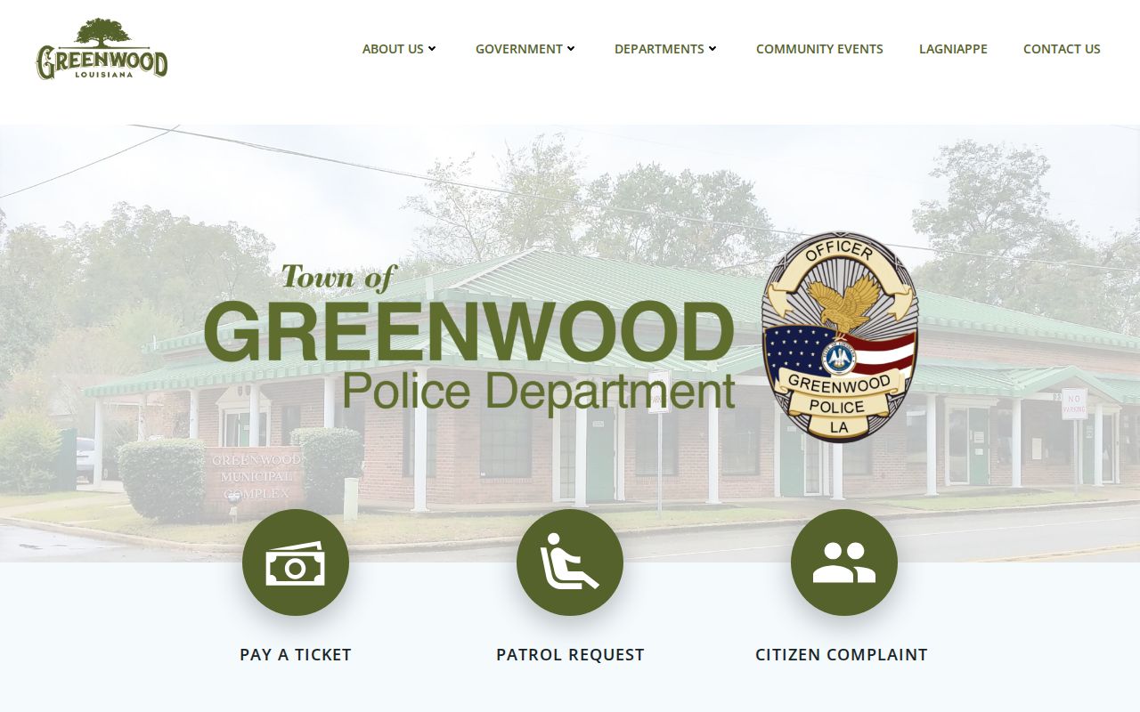 Greenwood Police Department page showing the past due ticket payment link for Greenwood warrant questions