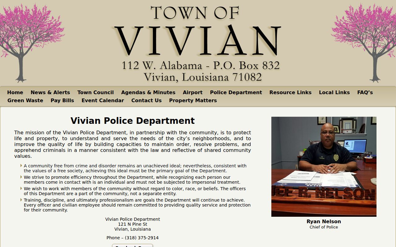 Vivian Police Department address page used for a Vivian warrant records contact route