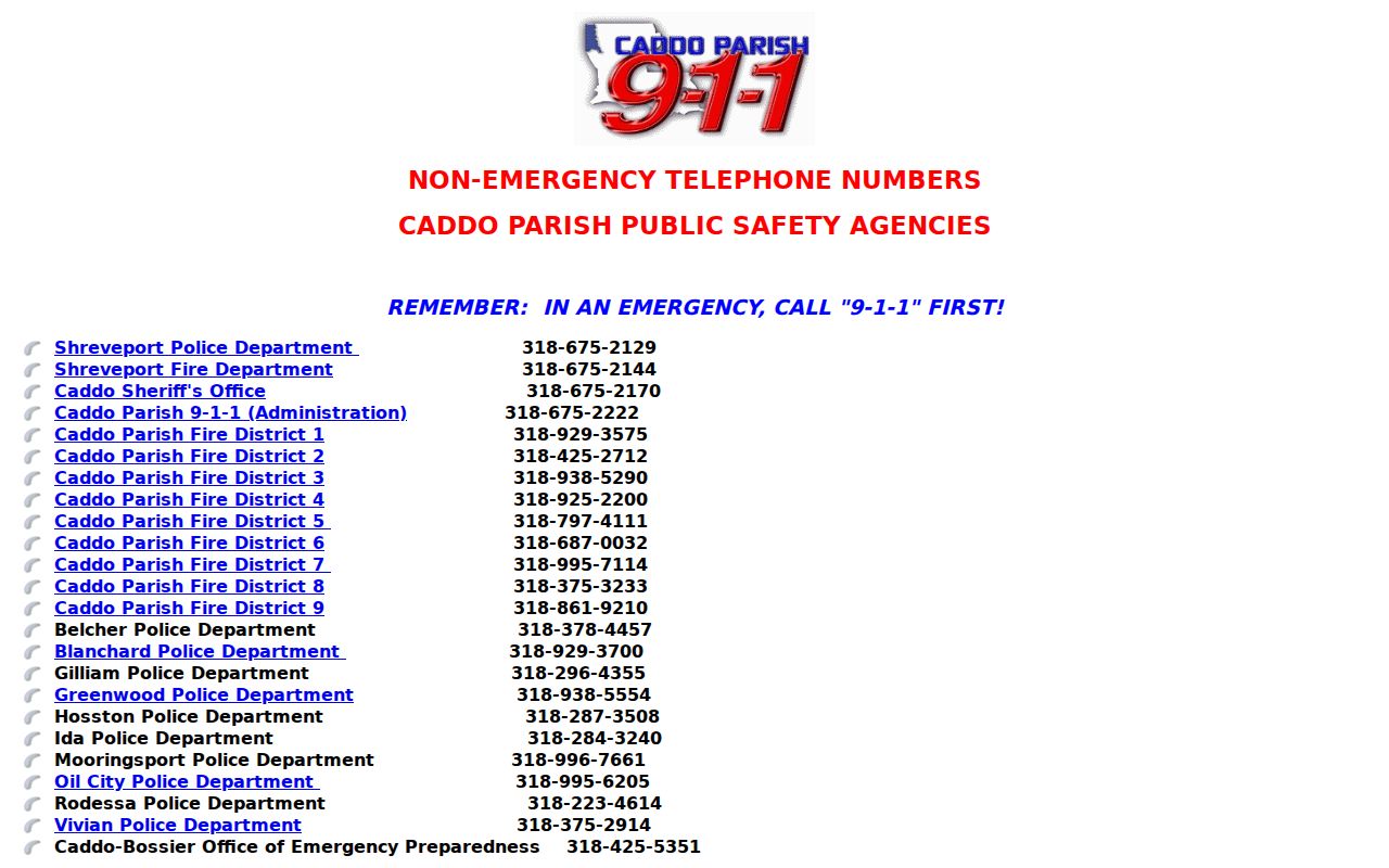 Caddo 911 non-emergency police directory used to route a Caddo Parish municipal warrant question