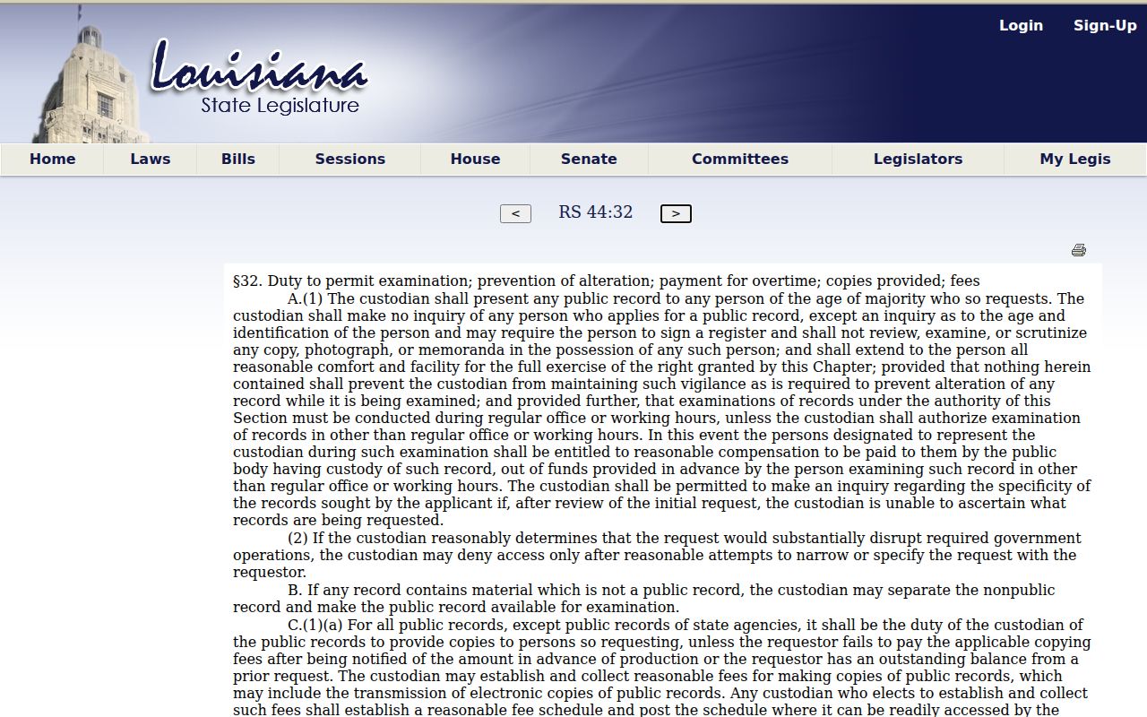 Louisiana public records law page covering inspection and copying of Caddo Parish warrant records