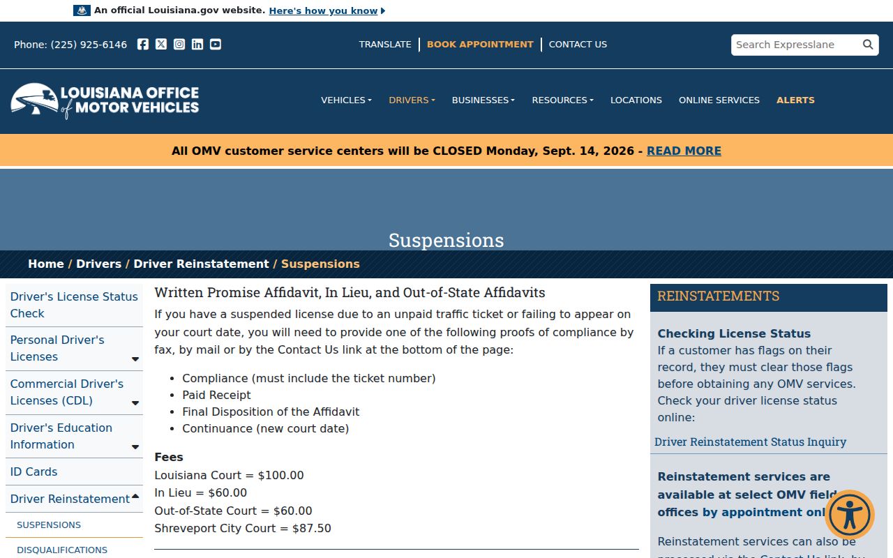 Louisiana Office of Motor Vehicles suspension page covering Caddo traffic warrant license holds and failure to appear