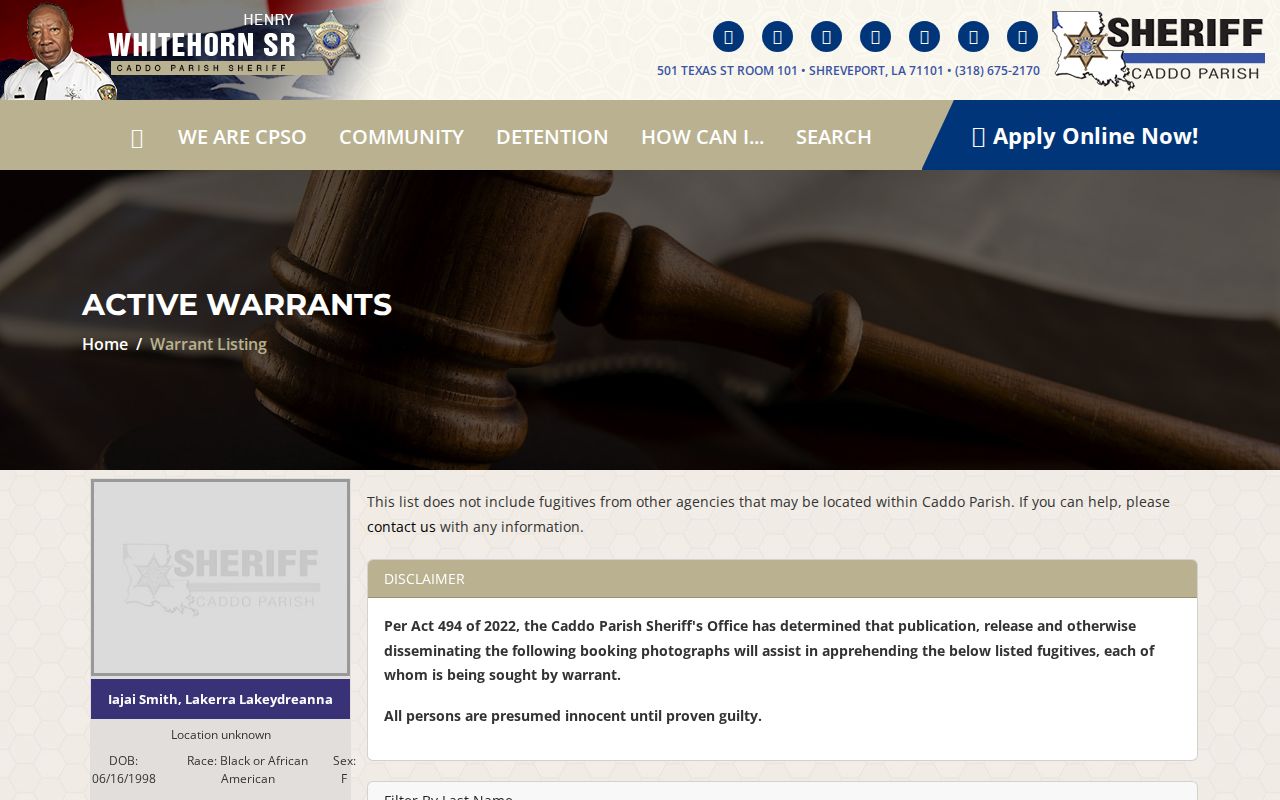 Caddo Parish sheriff active warrant list filtered by last-name letter for a Caddo warrant check