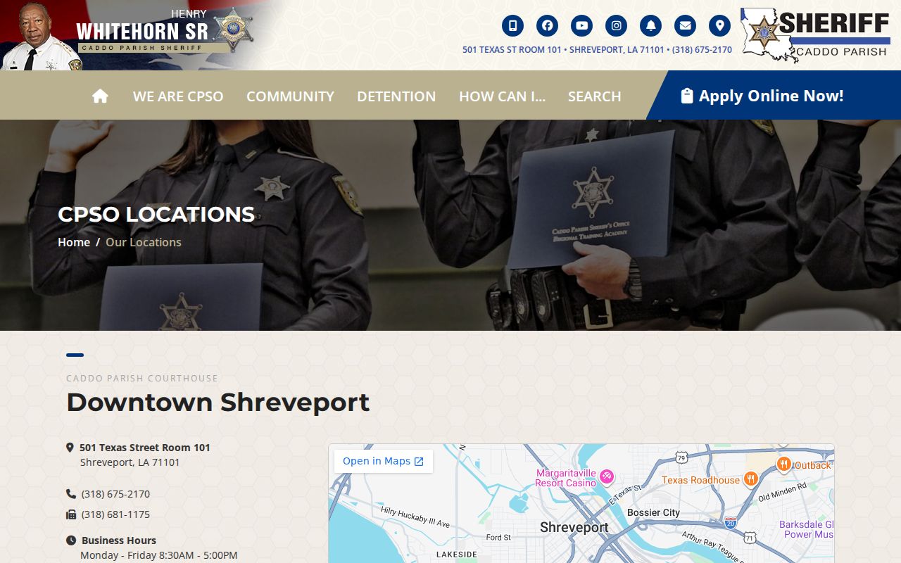 Caddo Parish Sheriff's Office main office and courthouse contact page for warrant questions